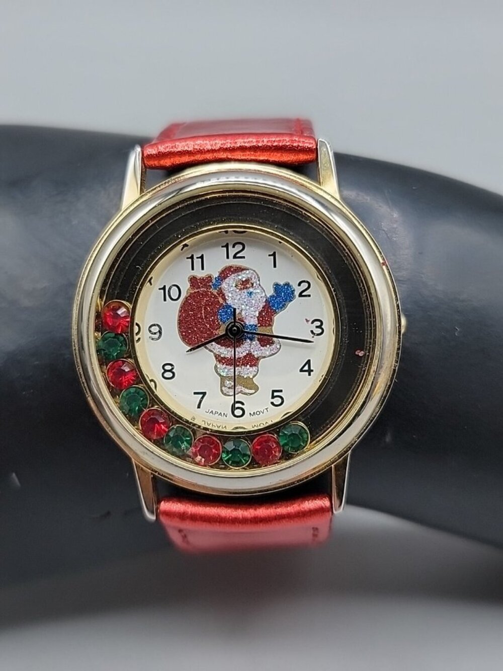 Glitter Santa Claus Ladies Quartz Watch 7.5" Red Band 33mm Rhinestone Bezel
